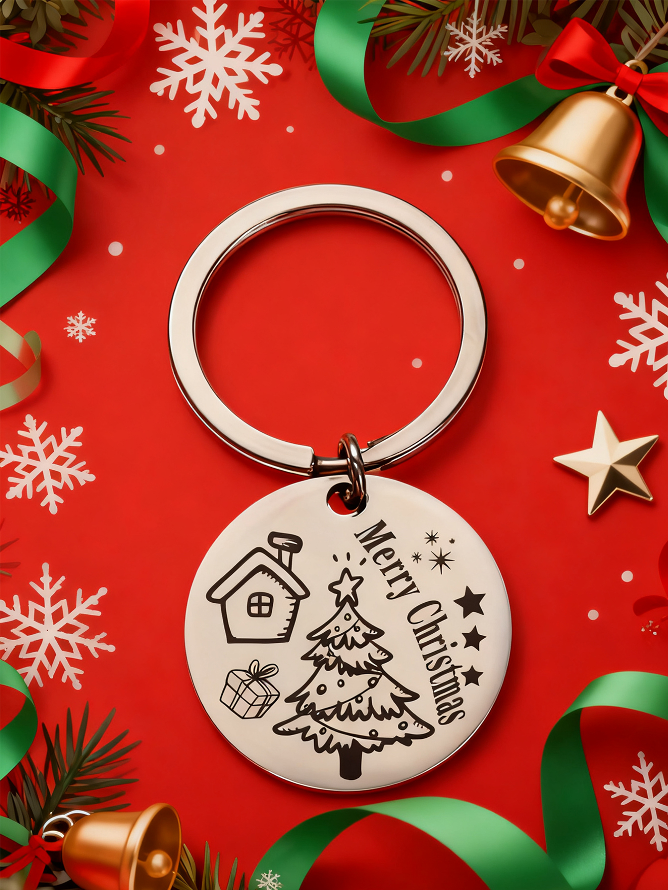 Christmas Holiday Stainless Steel Engraved Keyring Ornament